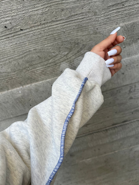 Heather grey hoodie (blue stitching)