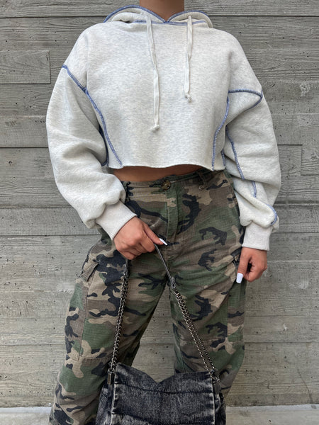 Heather grey hoodie (blue stitching)