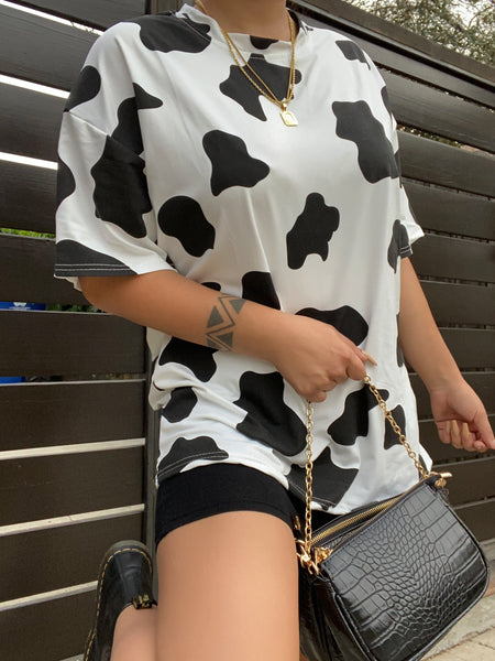 Cow print oversized t shirt top
