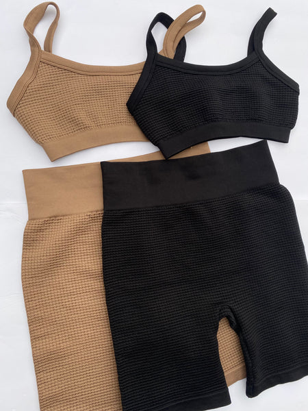 Waffle biker short set (brown)