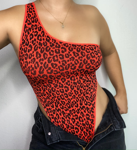 One shoulder bodysuit (red leopard)